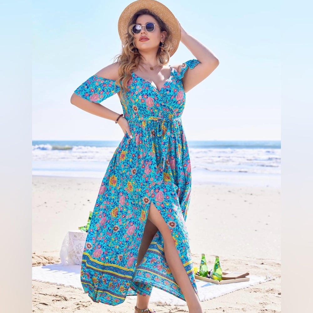 2/$24 💥🆕 IN'VOLAND V-neck Bohemian Cold Shoulder Split Maxi Dress | 24W | 2146